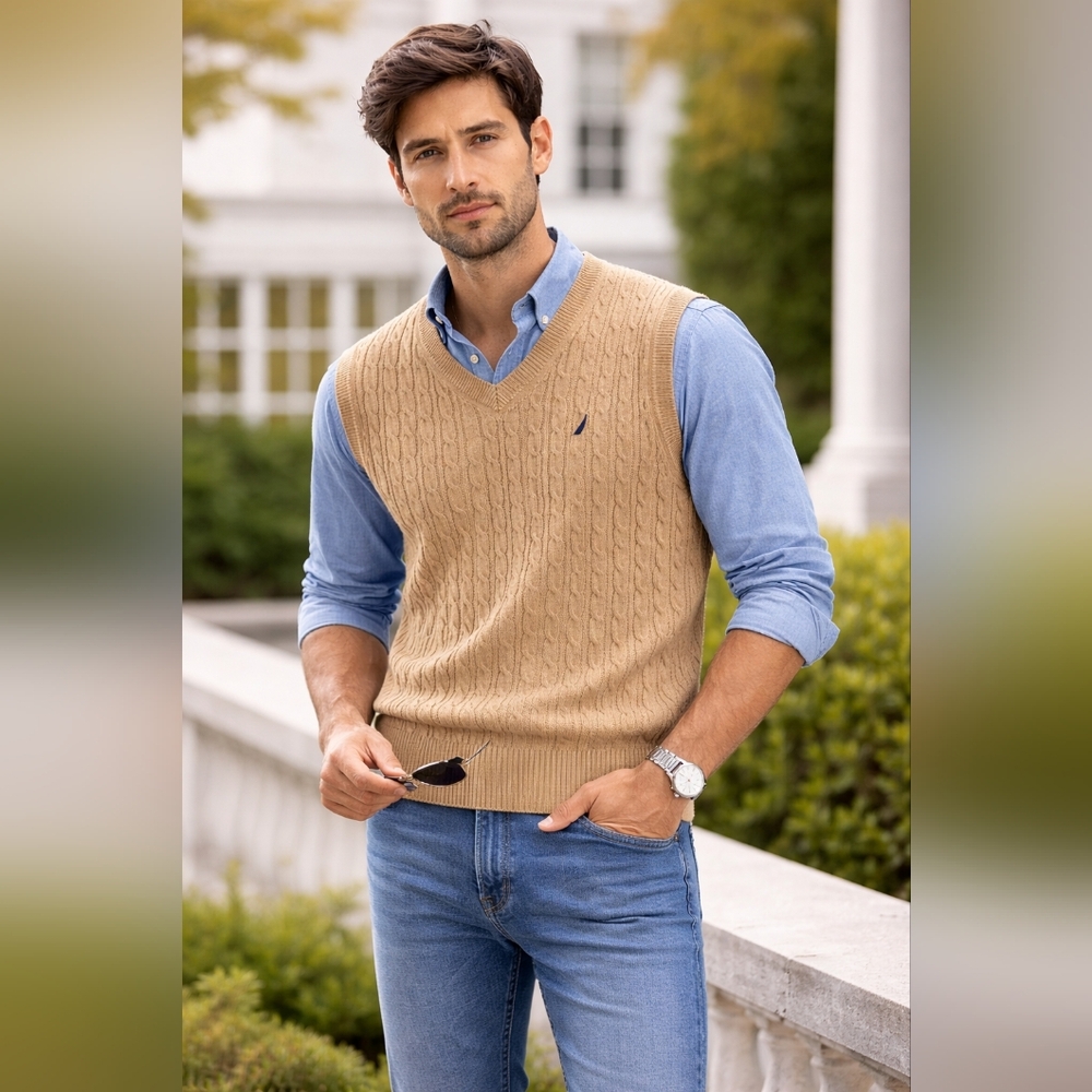 Nautica Cable Knit Sweater Vest LT - 100% Cotton - V-Neck - Preppy Golf